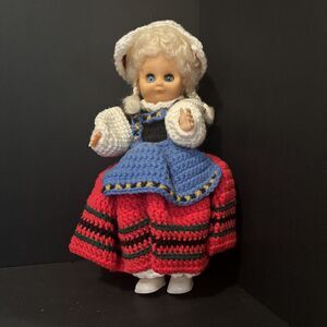Vintage Doll With Blonde Hair, Blue Eyes & Knit Yarn Outfit